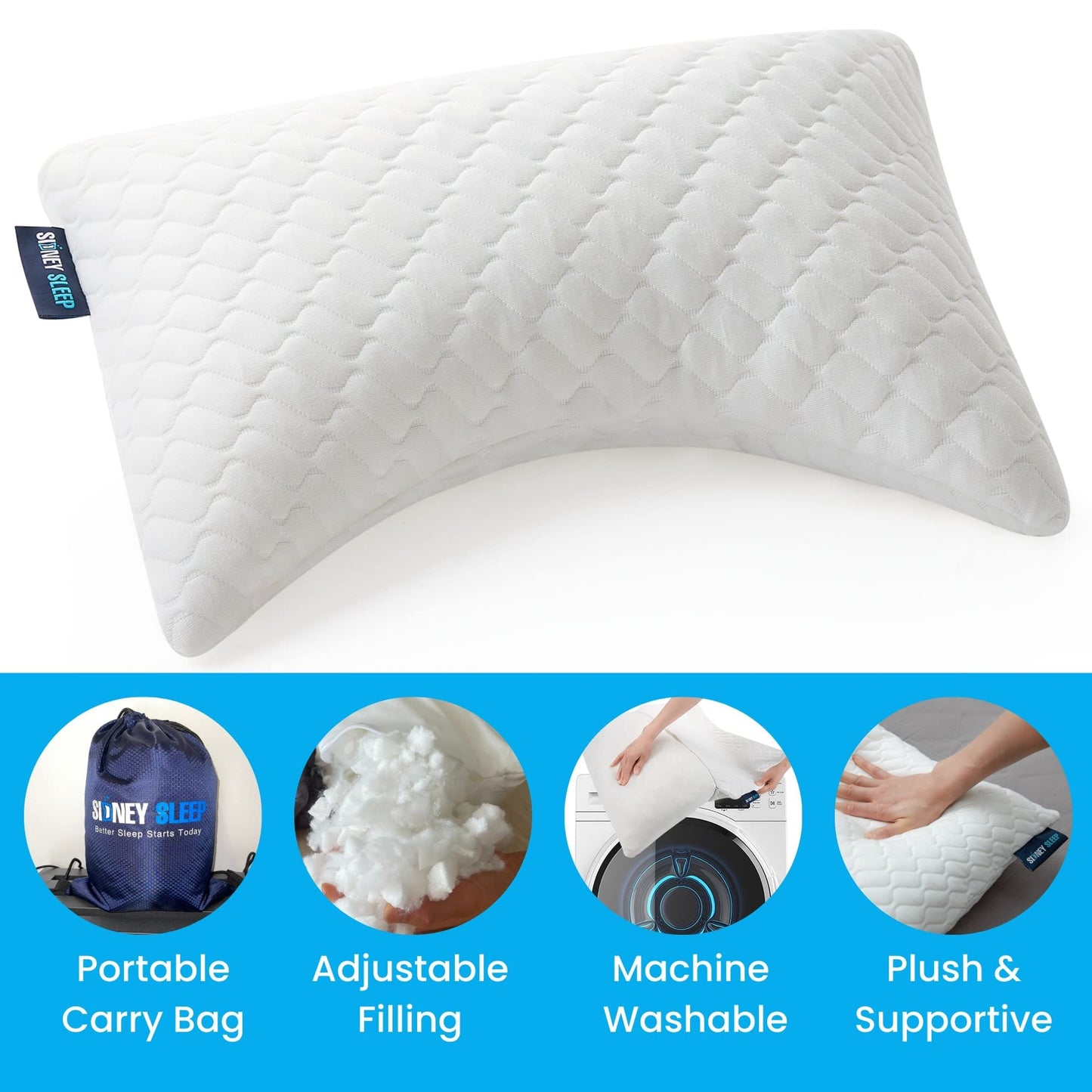 Sidney Sleep Mini Travel Size Neck Pillow - Knee, Back Lumbar and Support - Small Curved Pillow - 14 x 19 Inches - Adjustable Loft - Washable - Drawstring Backpack Included (White)
