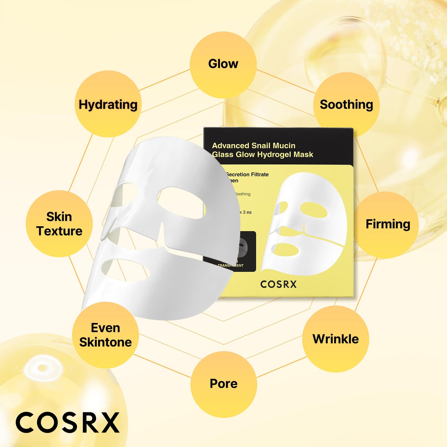 COSRX Advanced Snail Mucin Glass Glow Hydrogel Face Masks Skincare 3 EA, Collagen Face Mask, Travel Essentials, Overnight Face Mask, Korean Skin Care