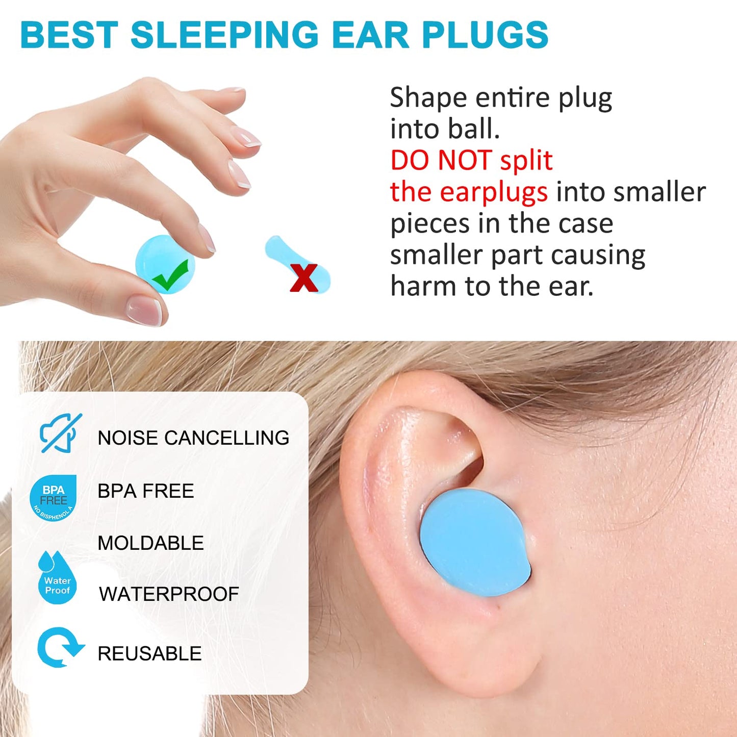 Reusable Silicone Ear Plugs, Waterproof Noise Cancelling EarPlugs for Sleeping, Mowing, Swimming, Airplanes, Concerts
