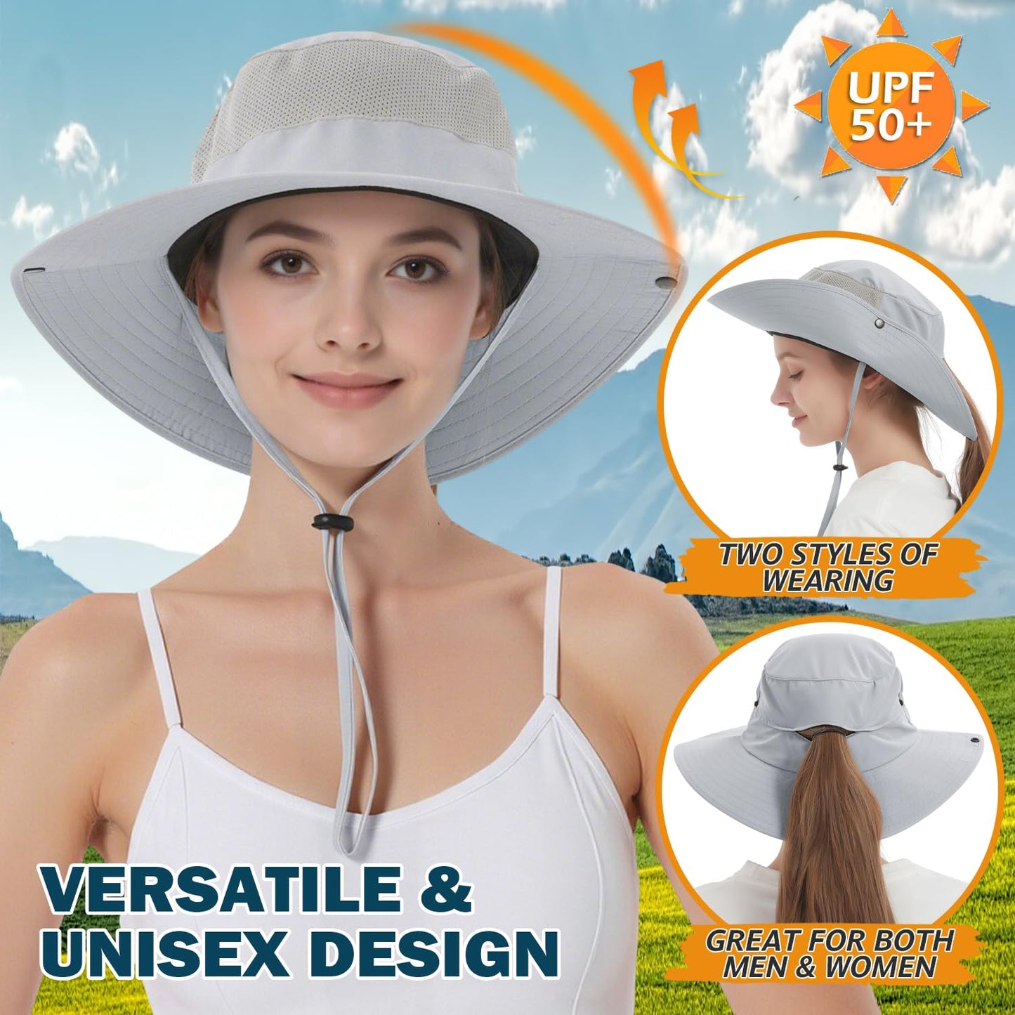 EINSKEY Cooling Sun Hat for Men Women, Packable Wide Brim Bucket Hat with Ponytail Adjustable Boonie Hat for Fishing Hiking