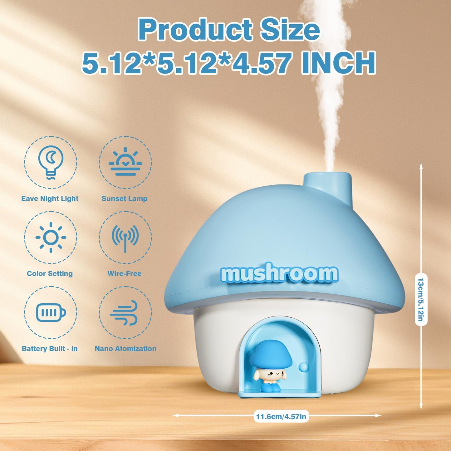 Cute Mushroom House Humidifier, 300ml Small Cool Mist Humidifers, USB Rechargeable Mini Portable Air Humidifer with Night Light for Bedroom, Office, Car, Travel, Indoor Plants (Blue)