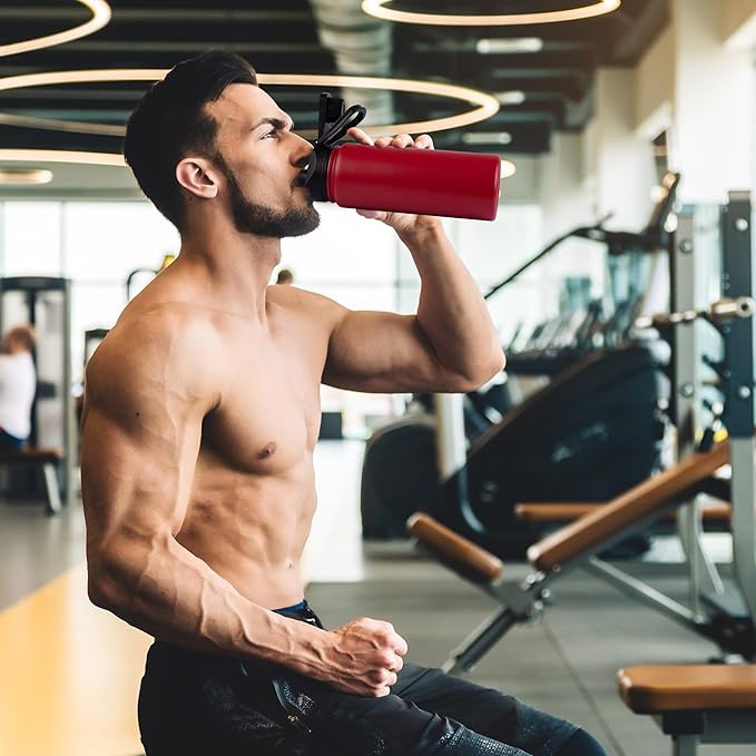 24oz Insulated Water Bottle with Straw Lid, Stainless Steel Metal Water Bottle with Straw & Wide Mouth Lid, Double Wall Vacuum Water Bottle for Hiking Camping, Red 4 Pack