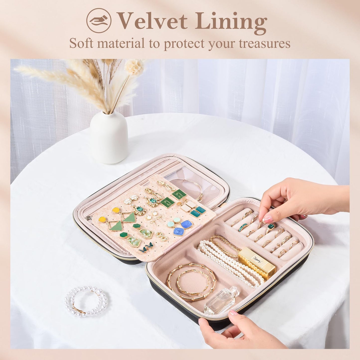 ProCase Large Travel Jewelry Organizer Case, Jewellry Home Storage Book Ring Binder with Clear Pockets for Presentation, Zippered Pouch Bag for Earrings Necklaces Bracelets -Black, Non-loose-leaf