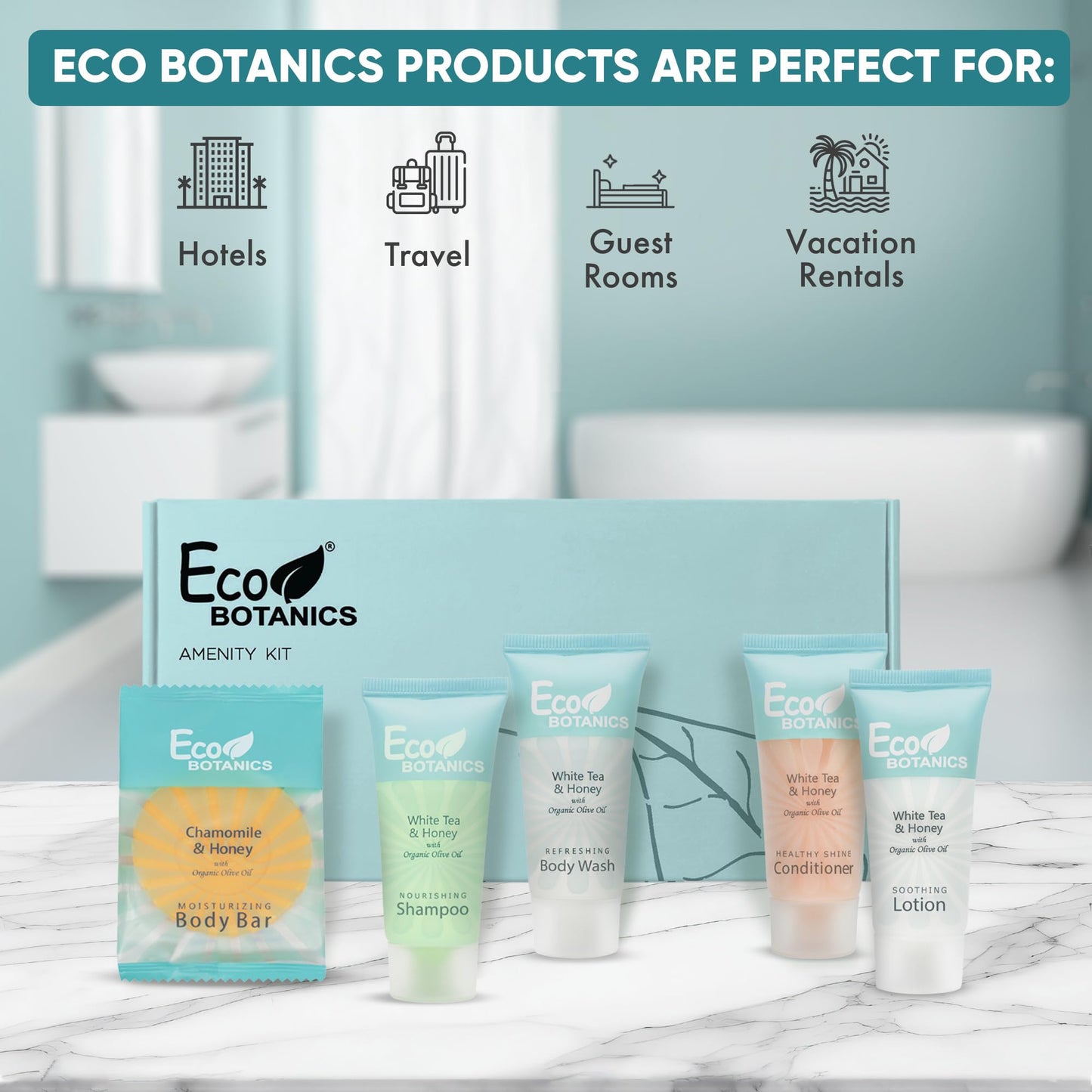 Eco Botanics Amenity Kit | Boxed Hotel Toiletries | Bulk Set .85 oz Travel Size Shampoo, Conditioner, Lotion, Body Wash & Body Bar Soap for Guest Hospitality AirBnB/Vacation Rentals | 15 sets per case