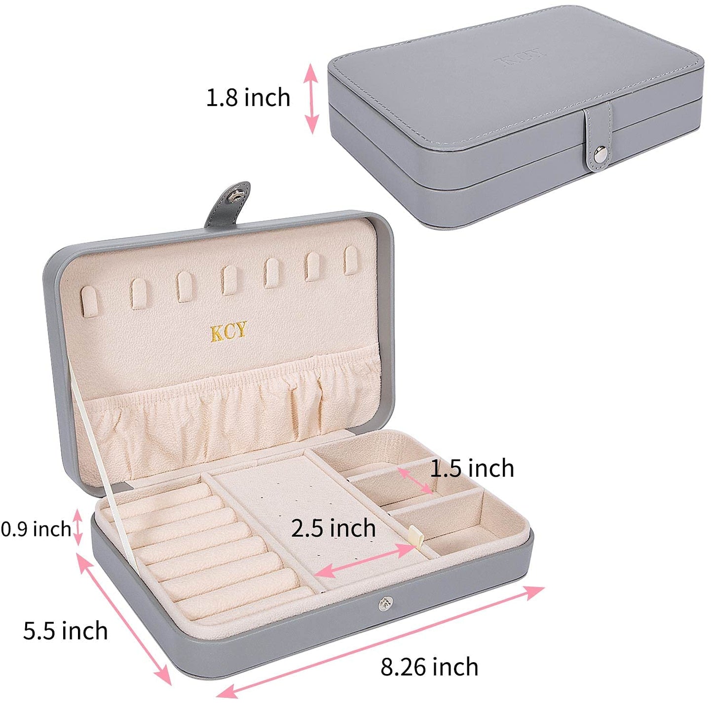 KCY Travel Jewelry Organizer Box for Women Girls, Small Travel Jewelry Case, PU Leather Portable Jewellery Storage Boxes Display Holder for Ring Earrings Necklace Bracelet Bangle, Gifts,Grey