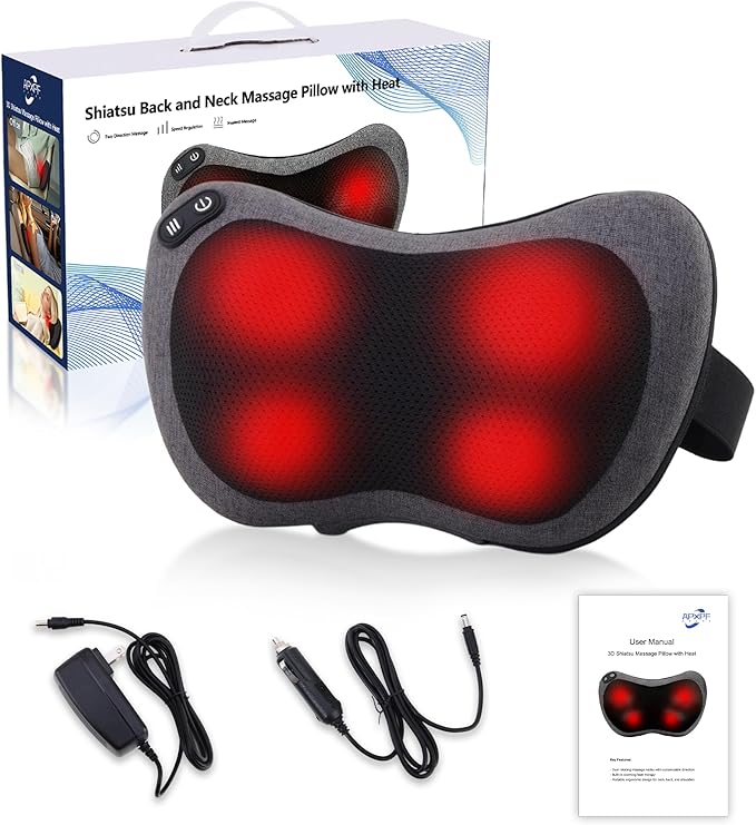 Shiatsu Neck and Back Massager with Heat - Deep Tissue Massage Pillow for Neck, Back & Shoulders Pain Relief, Ergonomic Design Electric Massager for Home, Car, Office Use, Gray