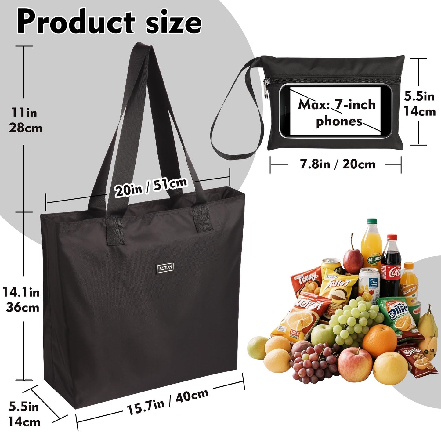 AOTIAN Heavy Duty 20 Liter Reusable Grocery Bags, Thickened Tear-Resistant Polyester Fabric Foldable Machine Washable Shopping Bags, Zipper Closure Water-Resistant Large Tote Bag Travel Gym Beach Bag