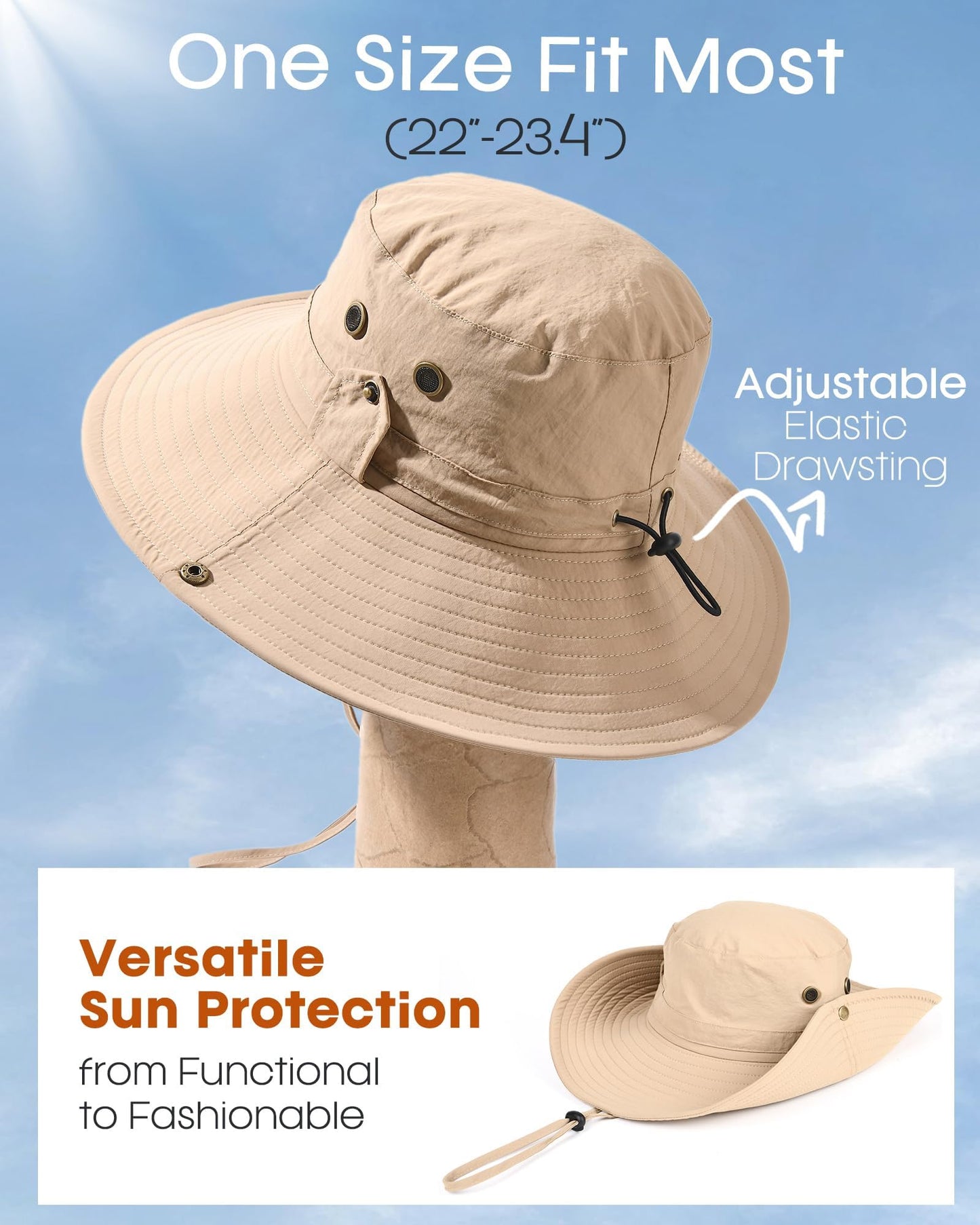 FURTALK Sun Hats for Men Fishing Hat UPF 80+ Foldable Wide Brim Outdoor Hiking Beach Summer Hats Khaki