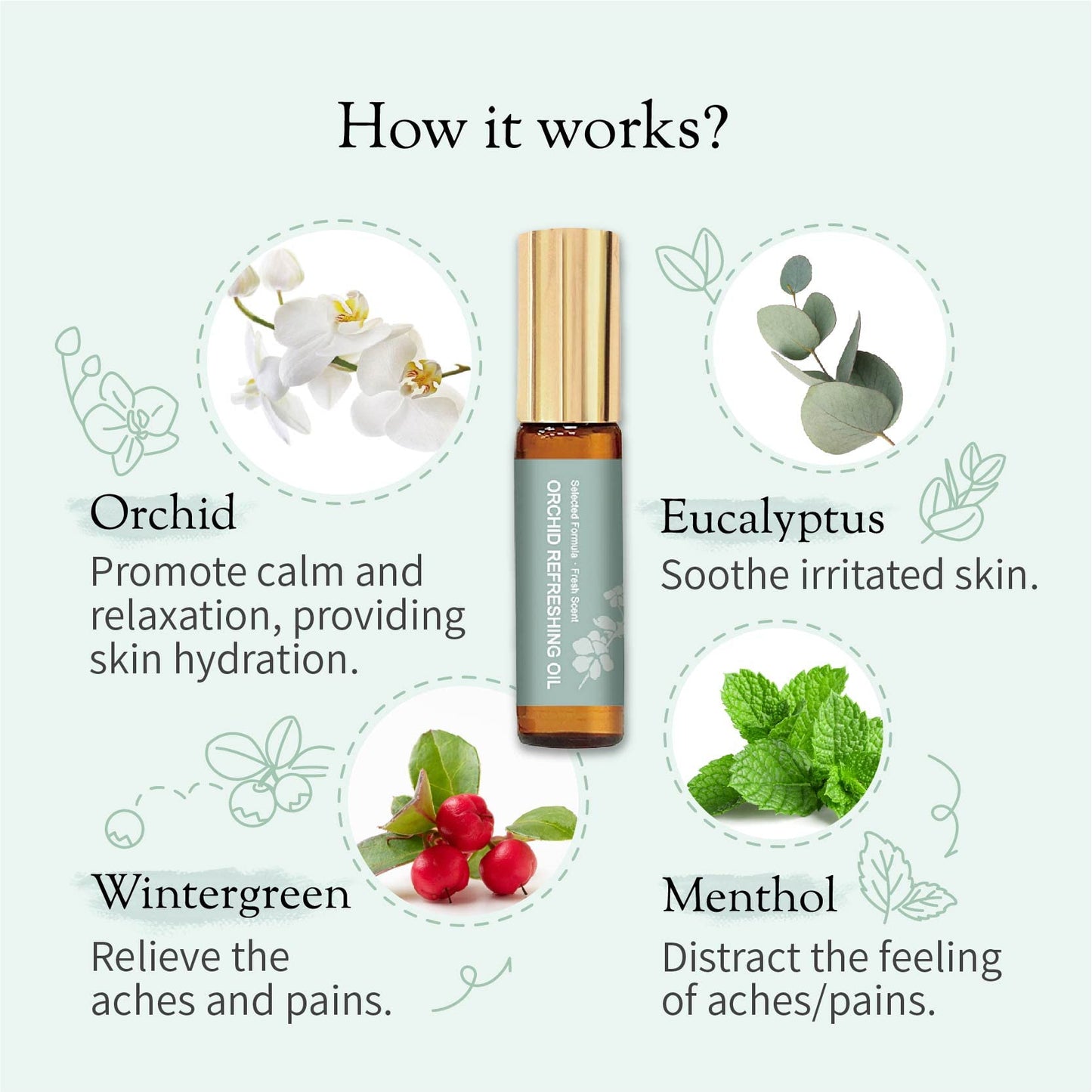 Organic and Kid-Friendly Essential Oil Blend Roll on for Stress Relief, Headache, Itch Relief and Heat Stroke, Includes Orchid, Menthol, Peppermint, Eucalyptus, Wintergreen, 5 ml.