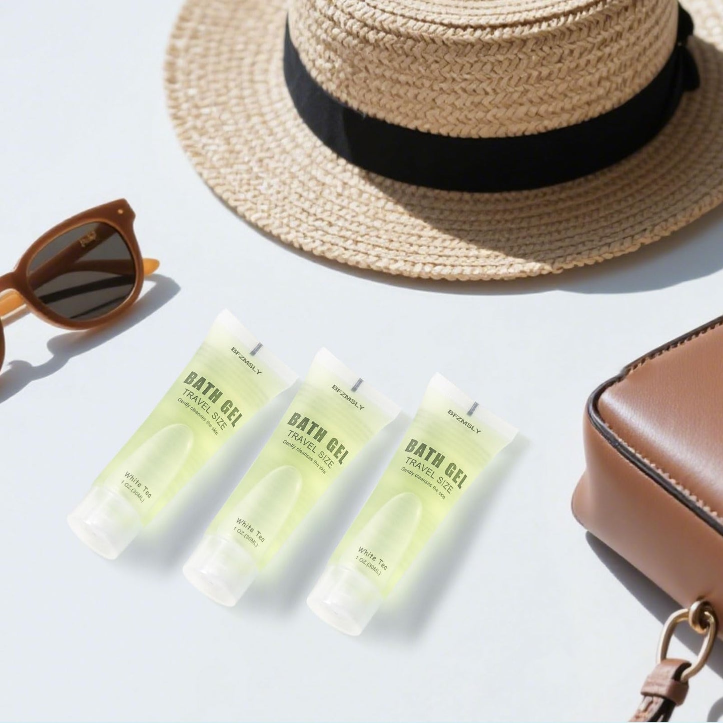 BFZMSLY 30 Pack Bulk Travel Size Body Wash, 1oz Tubes, White Tea Scent, Mini Shower Gel for Hotel Guests, TSA Approved Toiletries, Individually Sealed for Airbnb, Vacation Rentals