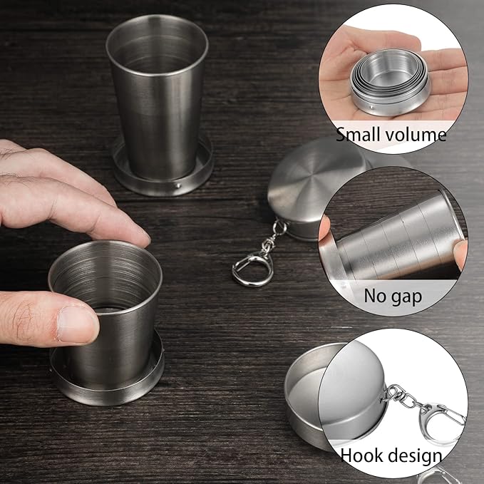 10 Pieces 2.5oz Collapsible Shot Glasses Stainless Steel Collapsible Cup Reusable Portable Travel Folding Cup with Lid and Keychain for Camping Hiking Cycling
