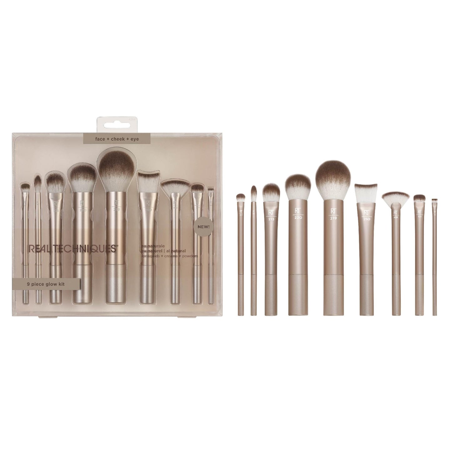Real Techniques 9 Piece Au Naturale Makeup Brush Set, For Liquid, Cream, & Powder Eyeshadow, Foundation, Blush, Bronzer & Contour, Travel Friendly Brushes, Gift Set, Cruelty-Free Bristles