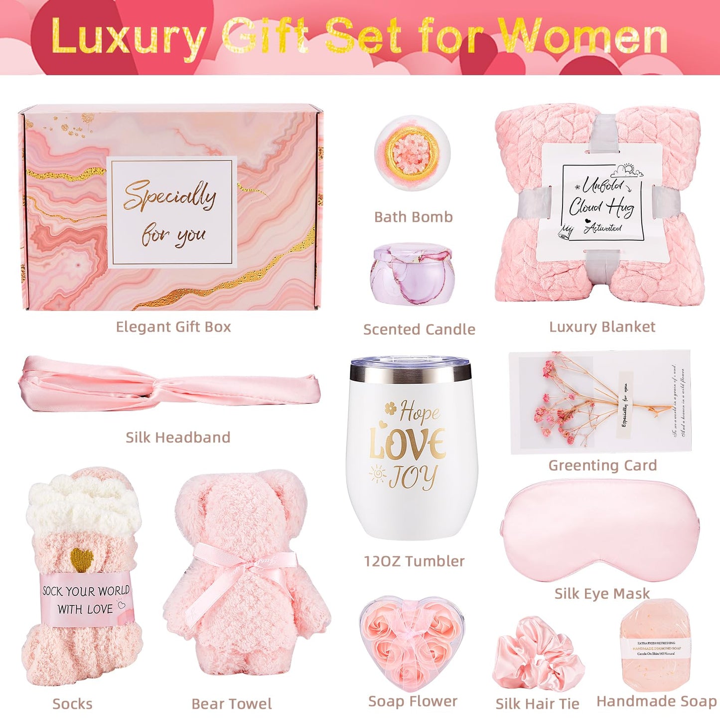 LuckyBundle Birthday Gifts for Women - Luxury Self Care Gift Basket for Her, Mom, Sister, Bestied Coworker - Unique Spa Care Package with Flannel Blanket - Ideal for Mother's Day, Get Well Soon