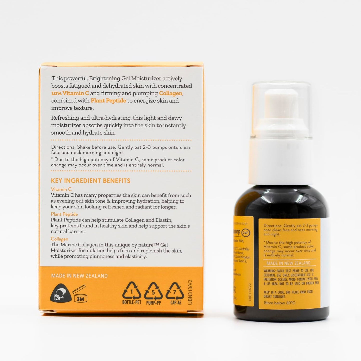 By Nature Gel Face Moisturizer - 10% Vitamin C + Collagen Peptide Brightening Moisturizer for Face and Neck - Energize and Hydrate Dull Skin + Fade Dark Spots - Dry Skin Face moisturizer Gel