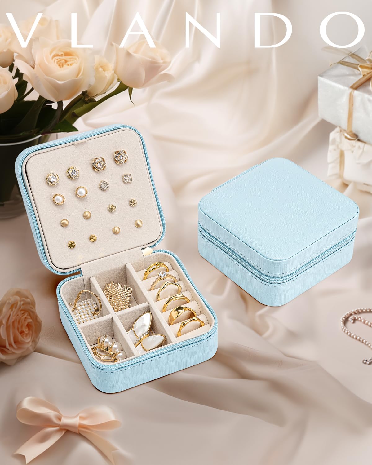 Vlando Travel Jewelry Case, Small Travel Jewelry Organizer Box for Girls Women - Blue