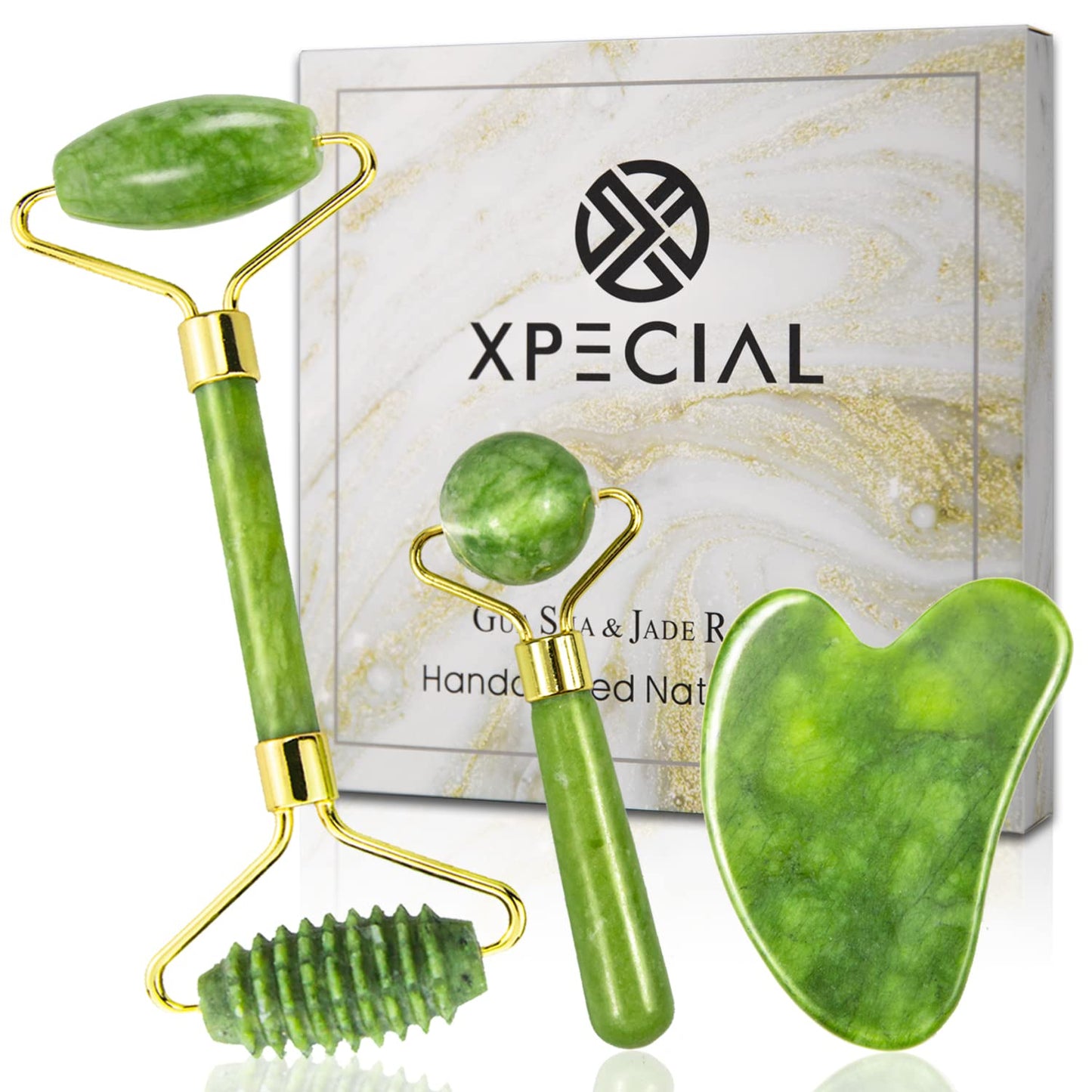 XPECIAL Gua Sha & Jade Roller 3 in 1, Face Roller, Guasha Facial Massage Skin Care Tool Set, Massager for Removal of Wrinkles & Eye Puffiness, Anti-Aging & Body Relaxation