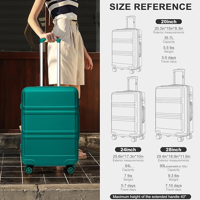 Kono 20'' Carry on Luggage Lightweight with Spinner Wheel TSA Lock Hardside Luggage Durable Small Carry on Suitcase Turquoise