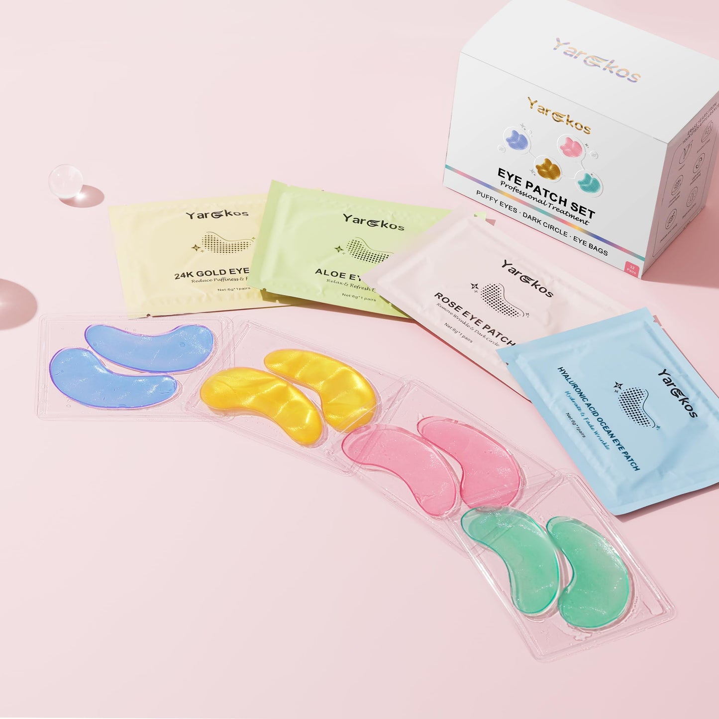 Yargkos 32 Pairs Under Eye Patches, Hydrating Eye Masks for Dark Circles Puffiness Puffy Eyes, Anti Wrinkle Collagen Undereye Pads, 32 Sets Travel Skincare Face Gel (24K Golden+Blue+Pink+Green)