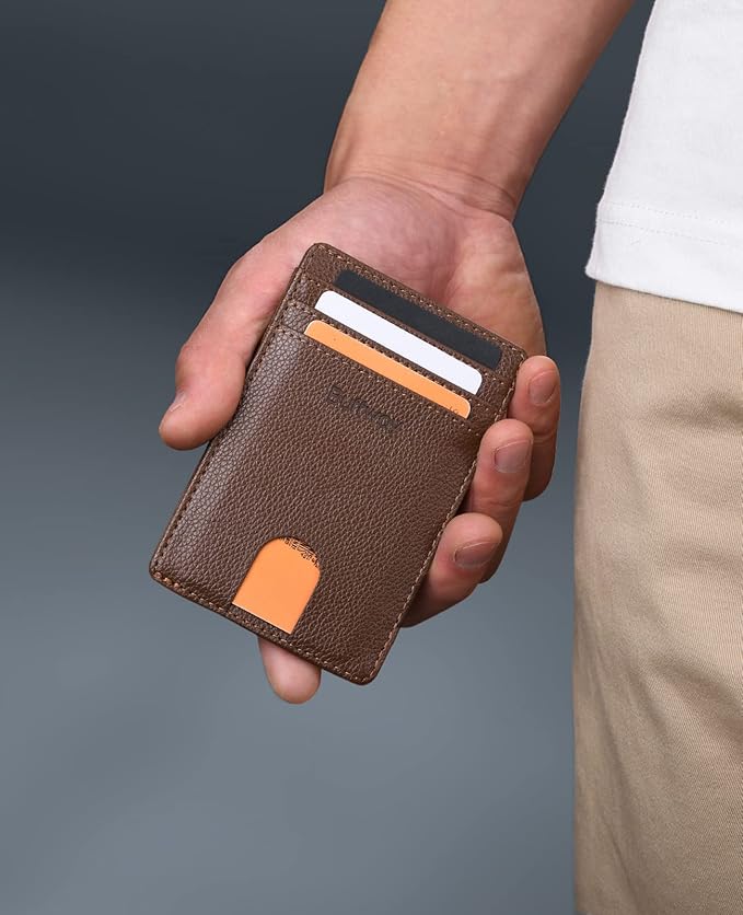 Buffway Mens Slim Wallet, Minimalist Thin Front Pocket Leather Credit Card Holder with RFID Blocking for Work Travel