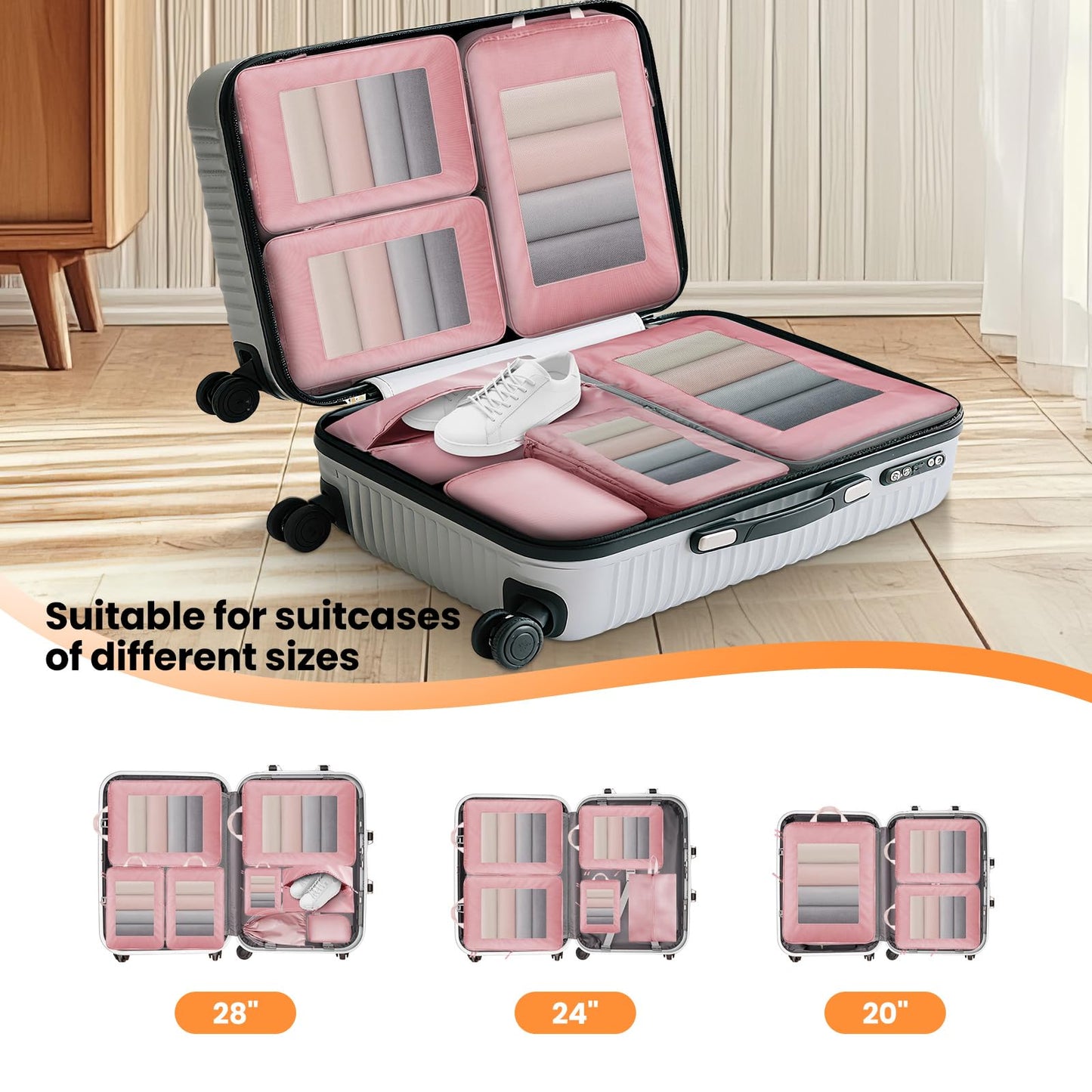 8 Set Compression Packing Cubes for Travel Suitcase Organizer Travel Essentials for Backpack Luggage Organizer Bags for Carry on (Pink)