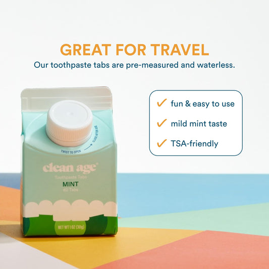 Clean Age, Mint Toothpaste Tablets, 62 Count - 2 Pack - 124 pcs total, Non Fluoride Toothpaste Tabs for Children & Adults, Best for Travel Toothpaste, Natural Toothpaste in Sustainable Paper Container