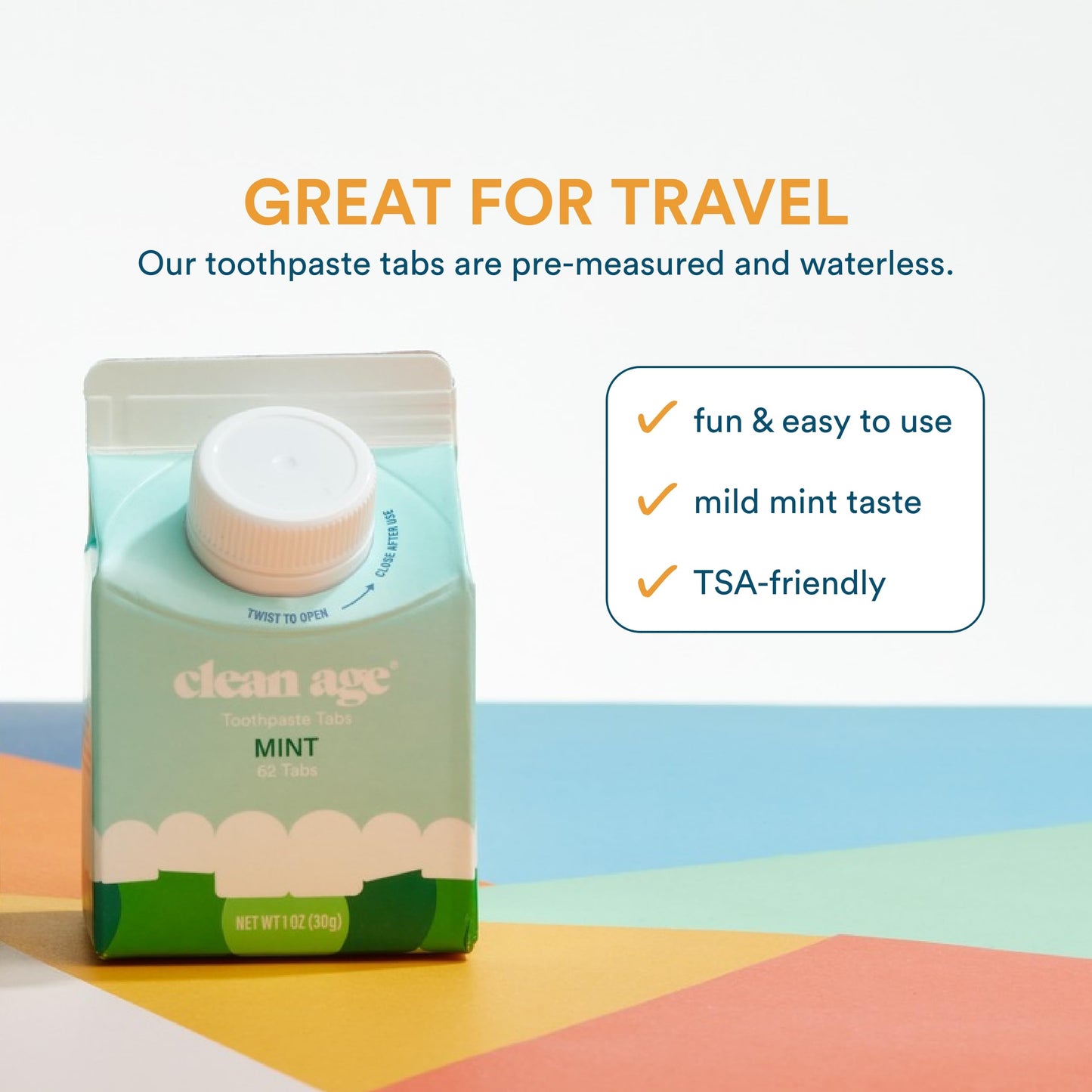 Clean Age, Mint Toothpaste Tablets, 62 Count - 2 Pack - 124 pcs total, Non Fluoride Toothpaste Tabs for Children & Adults, Best for Travel Toothpaste, Natural Toothpaste in Sustainable Paper Container