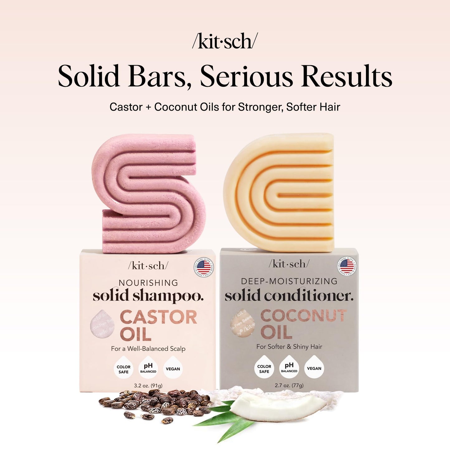 Kitsch Castor Oil Shampoo Bar & Coconut Oil Conditioner Bar – Nourishing Shampoo and Conditioner Set for Dry, Damaged Hair – Strengthening Hair Care, Hydrating & Deep-Moisturizing - 2pc set