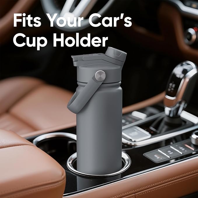 24 oz Insulated Water Bottle, 2-in-1 Lid, Straw & Spout with Protected, Leak Proof, Keep Cold, Stainless Steel, Metal, Reusable, Handle, for Travel, Gym and School, 2 Lids, Char Gray