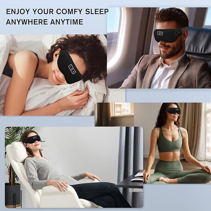 White Noise Sleep Mask, Breathable 3D Soft Eye Mask with Earplugs for Side Sleepers, Blackout 3D Contoured Eye Cover with Adjustable Strap for Women Men, no Bluetooth, no APP(Black)