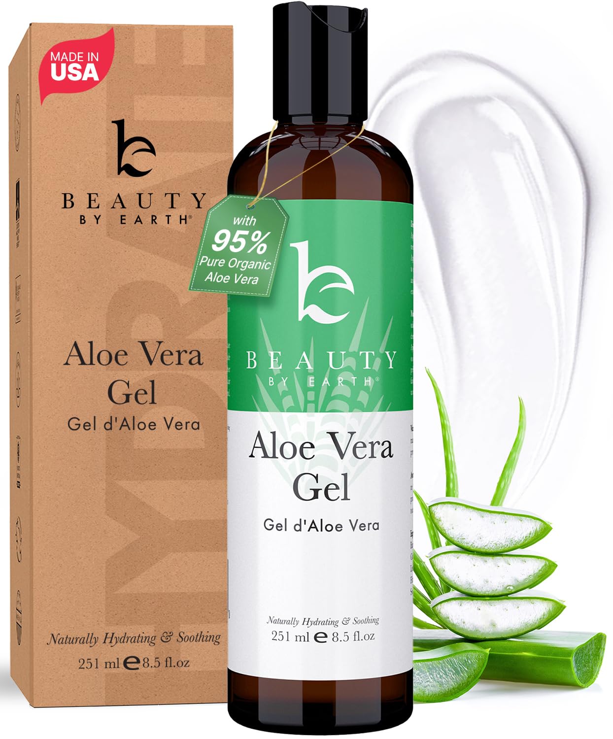 Beauty by Earth Aloe Vera Gel - USA Made with Natural & Organic Ingredients, Pure Aloe Vera Plant Gel for Face Mask, Hair & Skin with Vitamin C & E, Soothing and Cooling for Sunburn & After Sun Care