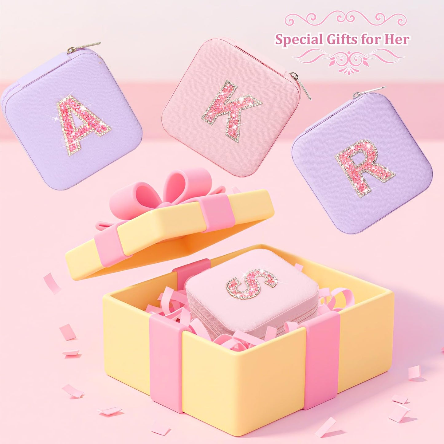 Nuozme Bling Sparkly Initial Jewelry Case,Personalized Gifts for Teen Girls,Kids,Women,Brides, Bridesmaids, Glitter Rhinestone Travel Jewelry Box,Easter Birthday Christmas Gifts, Small Size (Purple A)