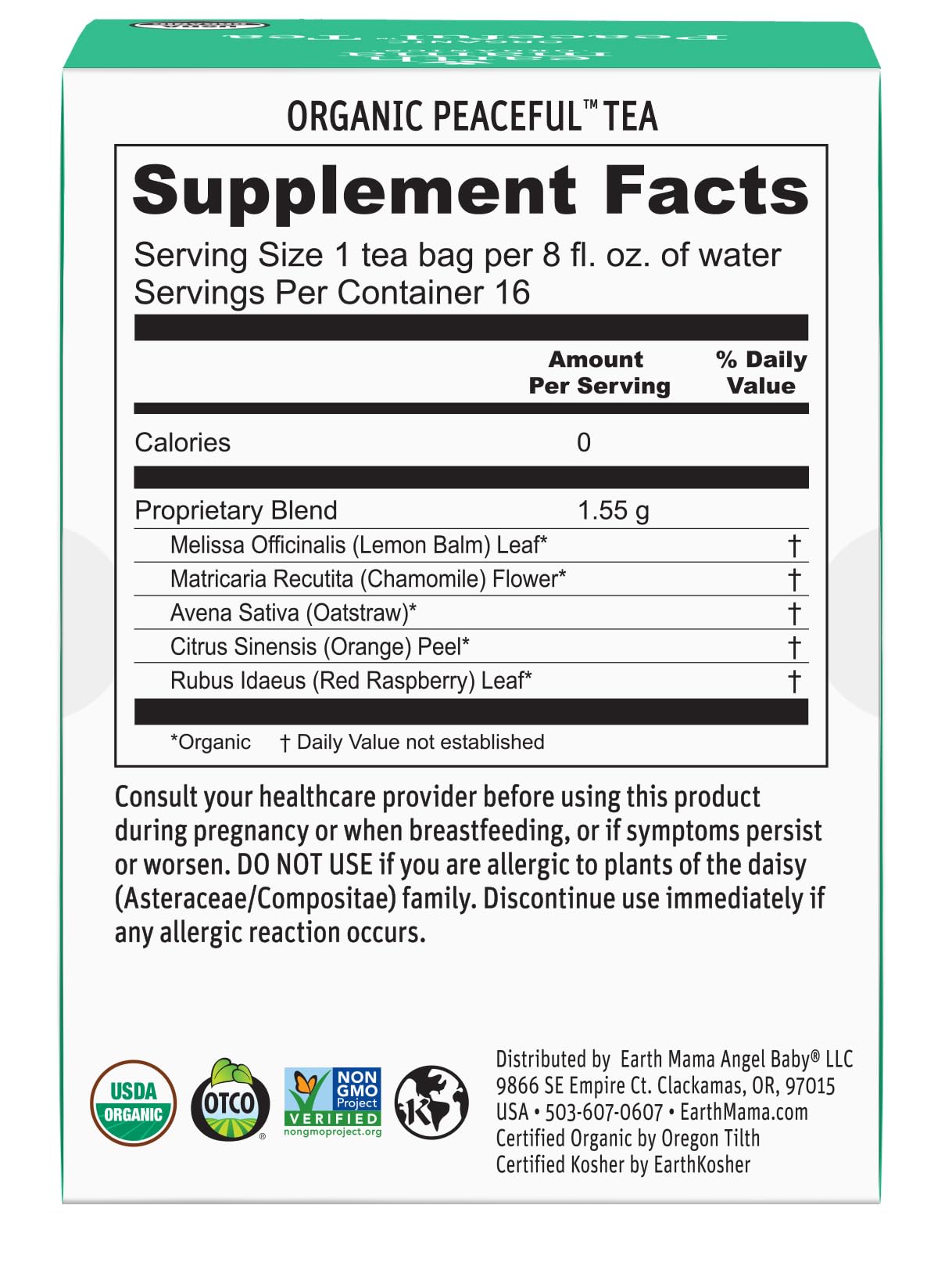 Earth Mama Organic Peaceful™ Tea | Stress Less! Calming, Relaxing Herbal Blend Safe for Pregnancy & Beyond, 16 Teabags Per Box