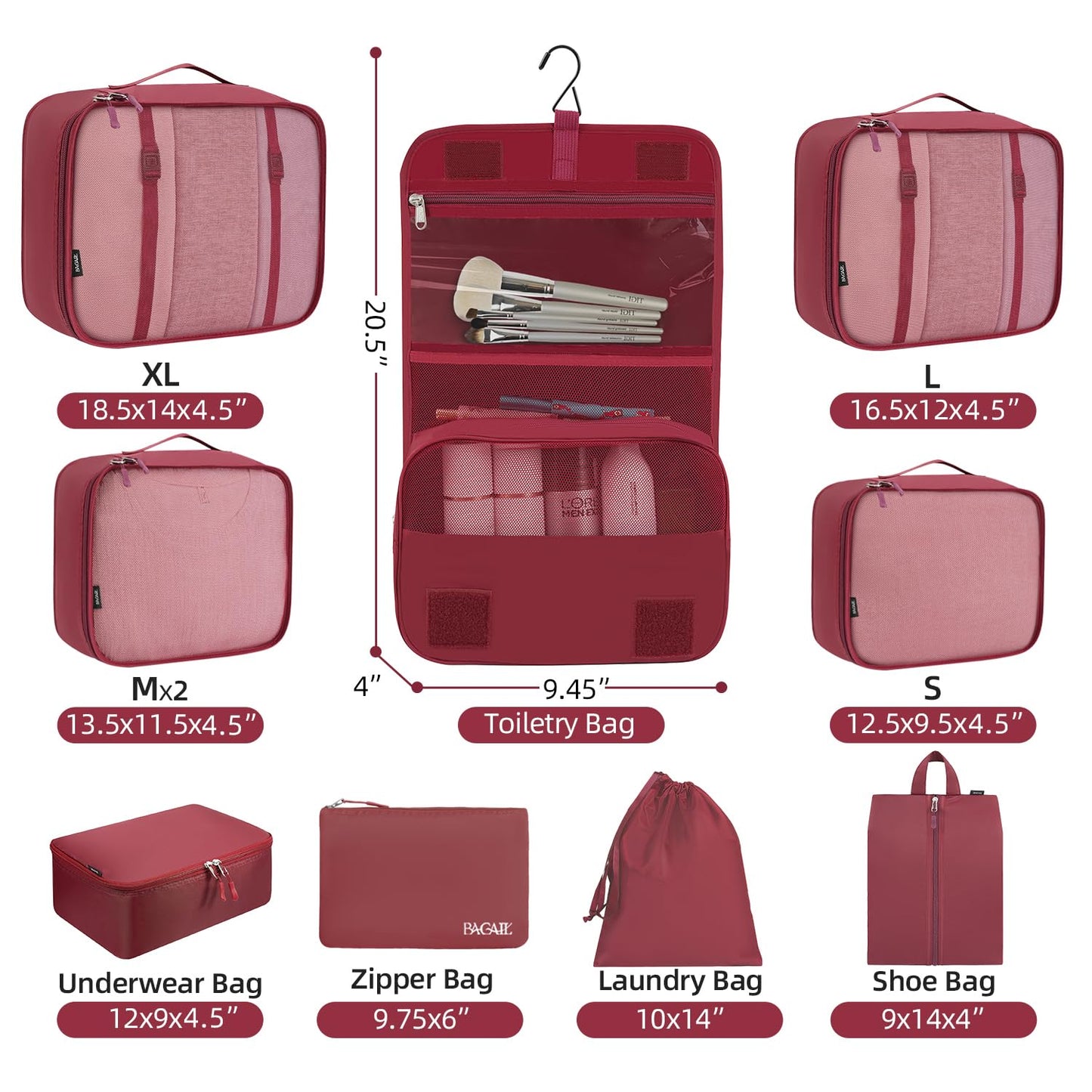 BAGAIL 10 Set Packing Cubes Various Sizes Packing Organizer for Travel Accessories Luggage Carry On Suitcase-Burgundy