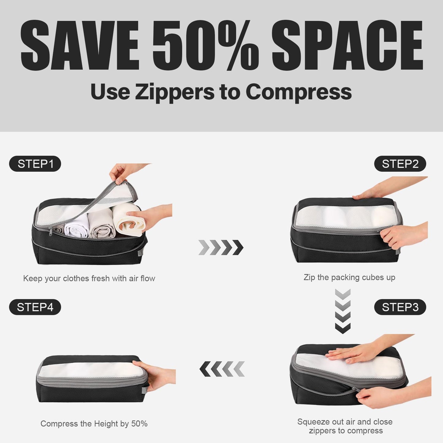 Kookoomia 6 Set Compression Packing Cubes for Travel, Lightweight and Space-Saving Luggage Organizer Bags, Sturdy Travel Essentials for Suitcase, Black