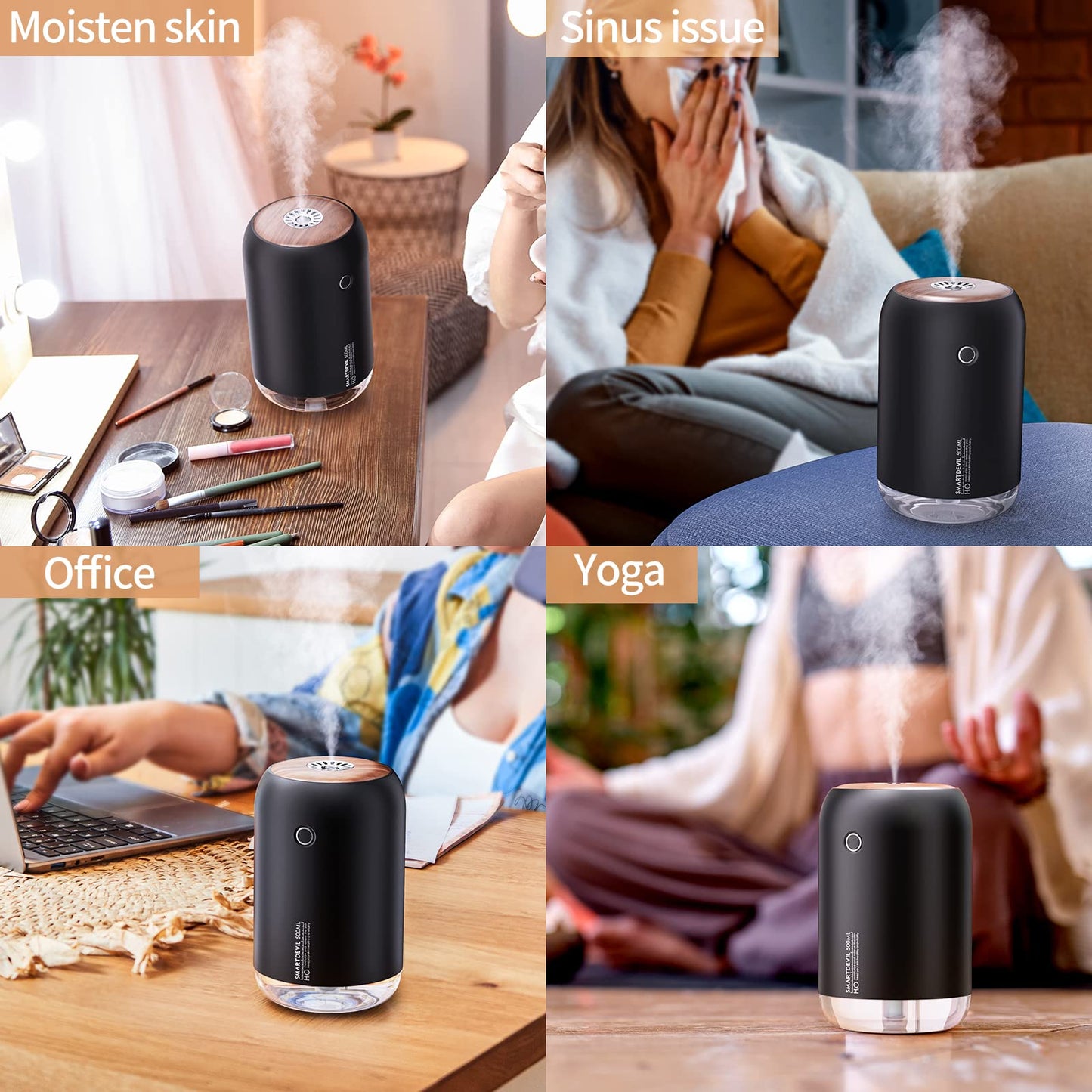 SmartDevil Portable Mini Humidifier, 500ml Desk Plant Humidifier, USB Personal for Bedroom, Office with Night Light, 2 Mist Modes, Black