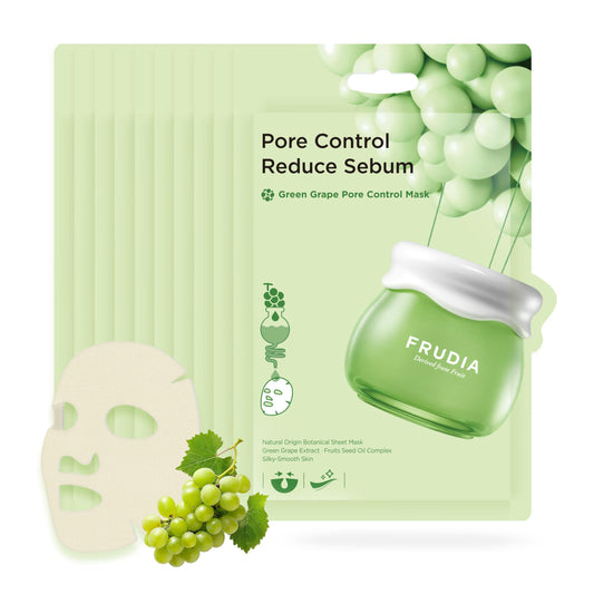 FRUDIA Green Grape Pore Control Face Mask Sheets (10 Pack), Korean Face Masks with 60% Green Grape Extract, Tannin Pore Complex & Anti Sebum P for Hydrating & Pore Minimization