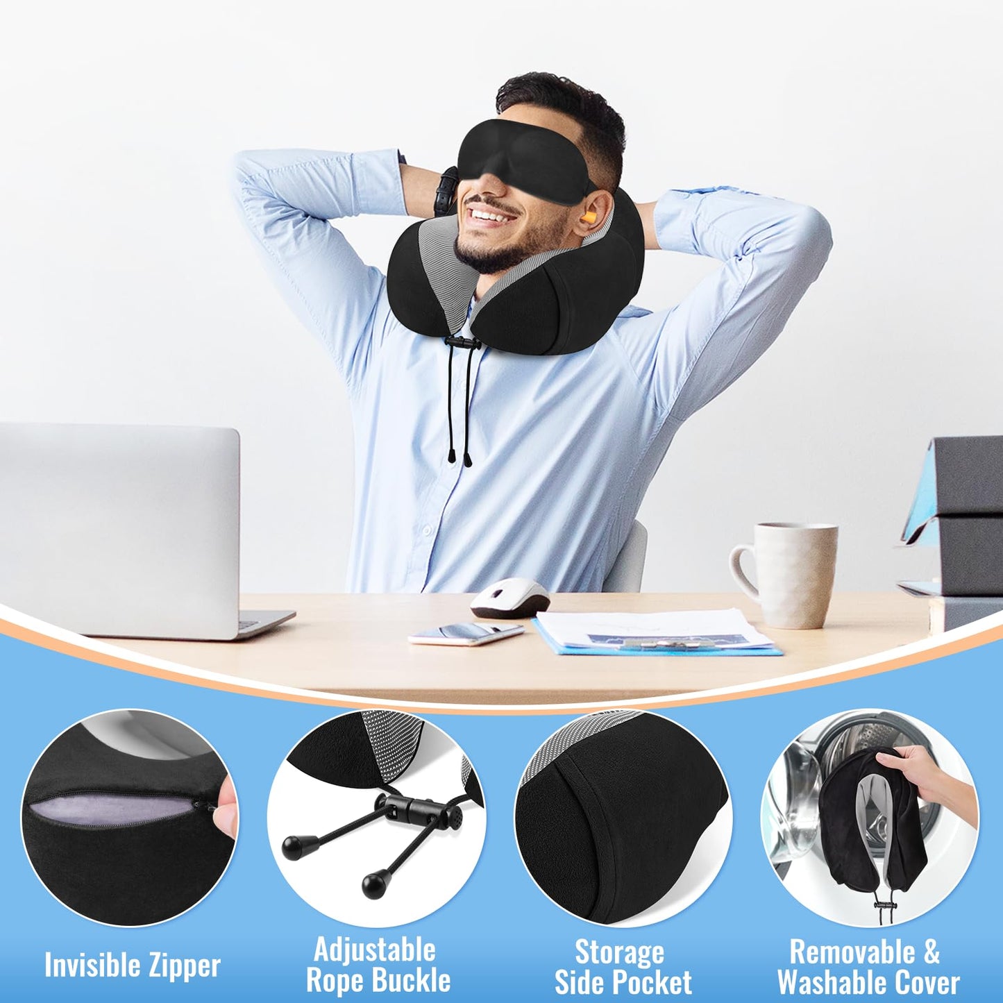 CloudBliss Travel Pillow Premium Memory Foam, Comfortable & Supportive Neck Pillow, Sleeping Neck Pillows for Travel, Airplane Pillow for Sleeping Airplane, Car, Office and Home(Black)