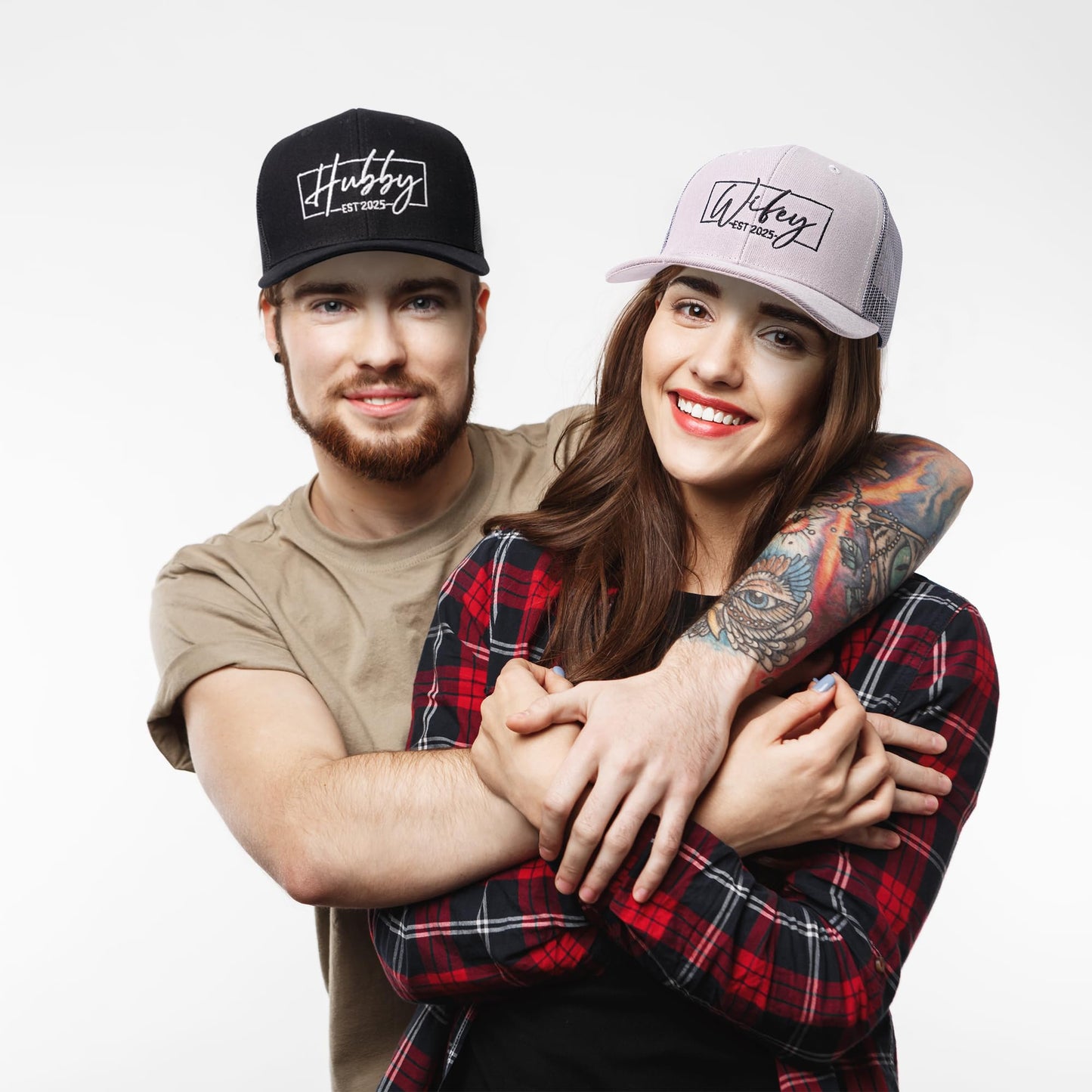 68LDROOTER Hubby & Wifey EST 2025 Trucker Hat Set – Matching Hats for Couples, Bridal Shower Gifts, Wedding Keepsakes, Newlywed for Him & Her