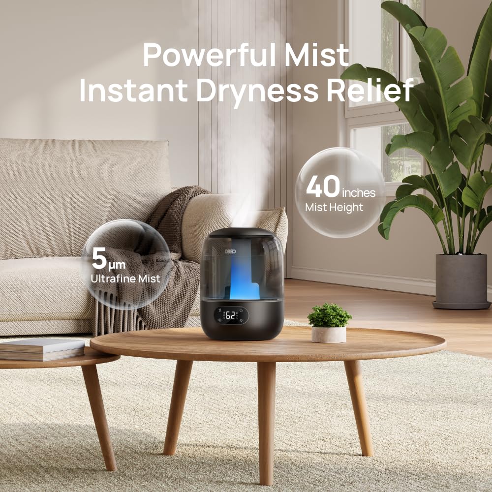 Dreo Humidifiers for Bedroom, 3L Top Fill 30H & 26dB Quiet Runtime for Large Room, Cool Mist Ultrasonic Humidifier with Humidity Sensor, Night Light for Home, Baby, Nursery, Plants, 360ยฐ Nozzle, Black