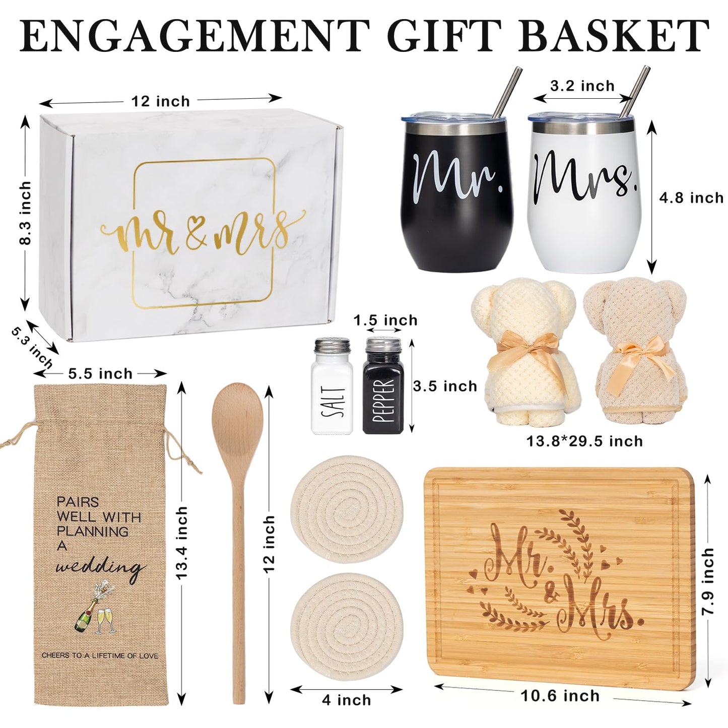 Wedding Gifts for Couple (11 Piece Set), Cool Engagement Baskets for Newlywed, Unique Mr and Mrs Box for Bride and Groom, Bridal Shower Gift for Bride To Be, His and Hers, Just Married