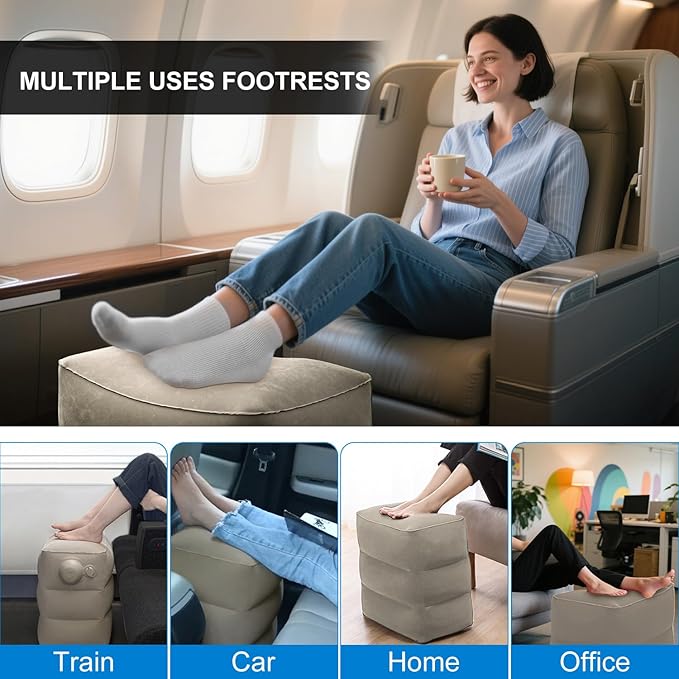 1 Pack Inflatable Travel Foot Pillow,Inflatable Leg Pillow Outdoor Stool, Adjustable 3 Layers Height Leg Rest Pillow for Airplane, Office, Home, Trains, Cars (1Pack Grey)