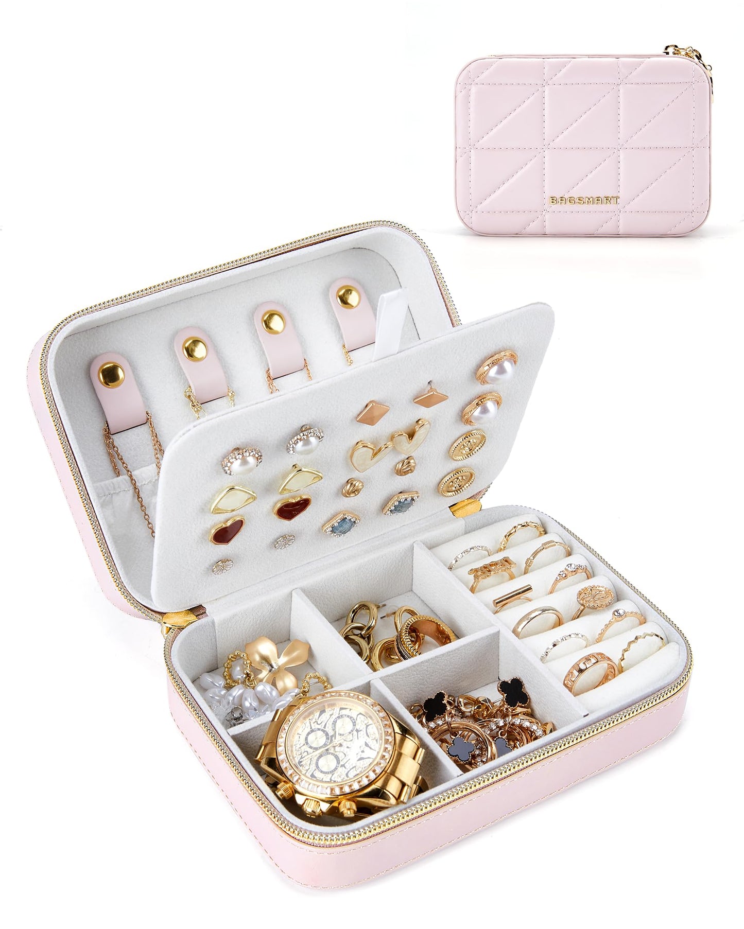 BAGSMART Travel Jewelry Box, Small PU Leather Jewelry Organizer, Portable Double Layer Case for Necklaces, Rings, Earrings, Bracelets, Pink