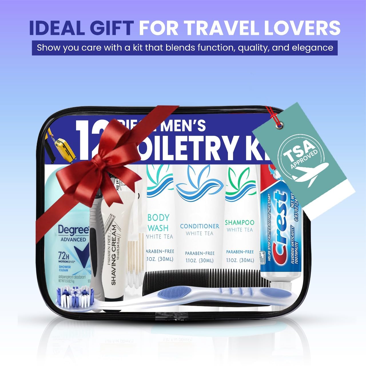 Trektote Travel Toiletry Kit For Men – 12 Piece Set Of Travel Size Toiletries, TSA Compliant, Travel Essentials, Includes Shampoo And Conditioner, Body Wash, Toiletry Bag & More