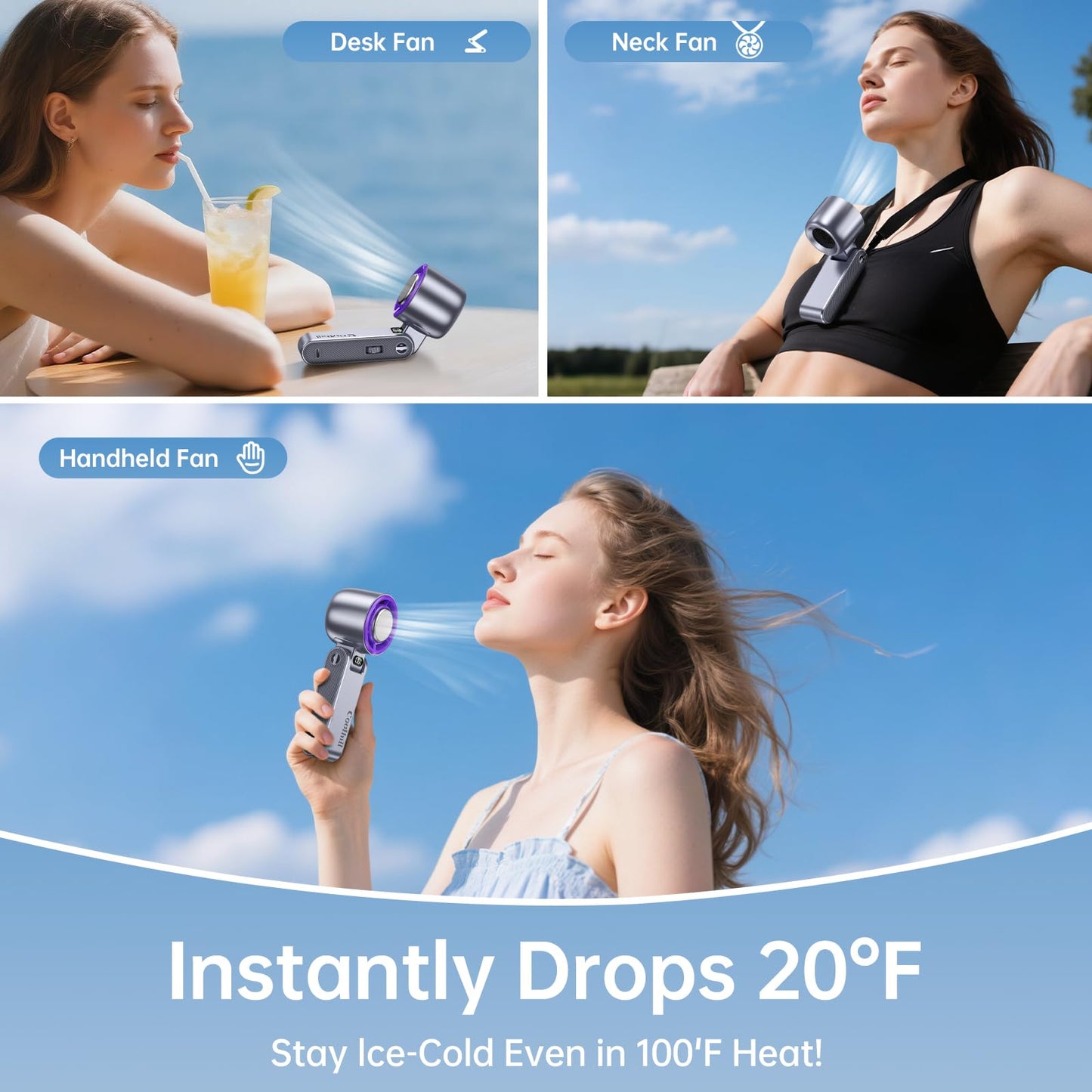 Coolhill Handheld Portable Fan with Ice Cooler: 100-Speed 5500mAh Rechargeable Handheld Fan, 12H Time Hand Cooling Personal Fans with 20000 RPM Air Turbo Tech for Travel Outdoor (Purple)