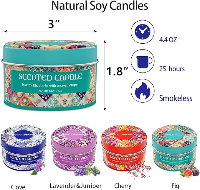 Set of 4 Lavender&Juniper, Fig, Clove and Cherry Scented Candles Gift Set for Christmas Women, Small 4.4oz Decorative Natural Soy Wax Aromatherapy Candles with Lids in Flower Tins for Home Decoration