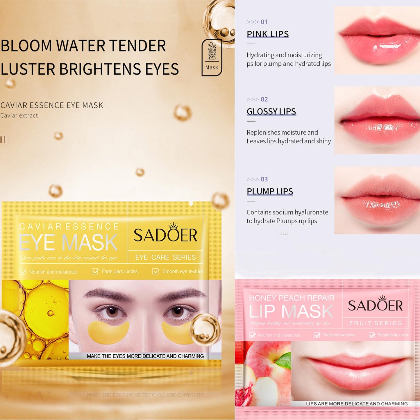 MEICOLY 30 Pads Eye and Lip Masks Sheet,Moisturizing Caviar Under Eye Mask,Hydrating Peach Lip Masks,Crystal Anti-Aging Eye Patches Dark Circle Remover with Box,15 Eye Mask+15 Lip Mask