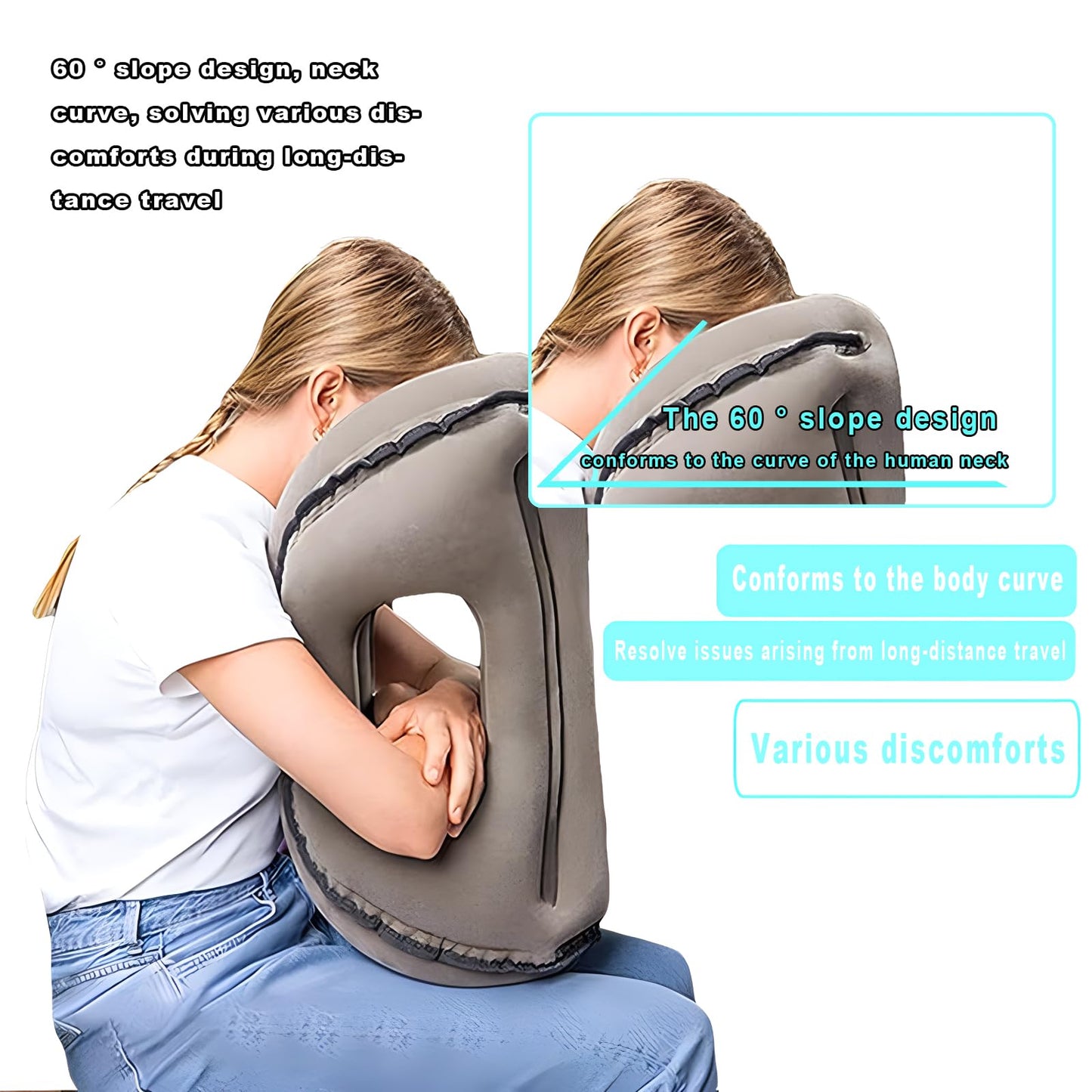 Inflatable Travel Pillow | Airplane Neck Pillow & Portable Inflatable Neck Support - Multifunctional for Flights, Cars, Office Use, with Eye Mask & Earplugs (Grey)