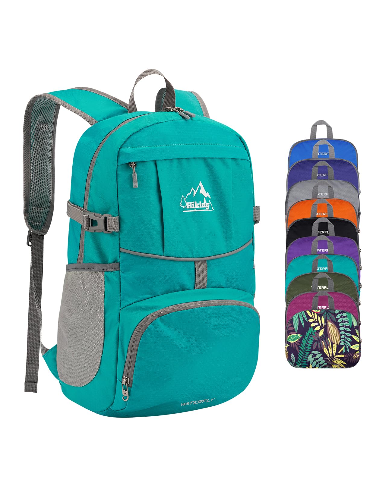 WATERFLY Hiking Foldable Daypack Backpack: 25L Ultra Lightweight Waterproof Day Pack for Woman Man - Small Compact Packable Folding Back Pack for Outdoor Sport Cycling Biking Travel Trip - Turquoise