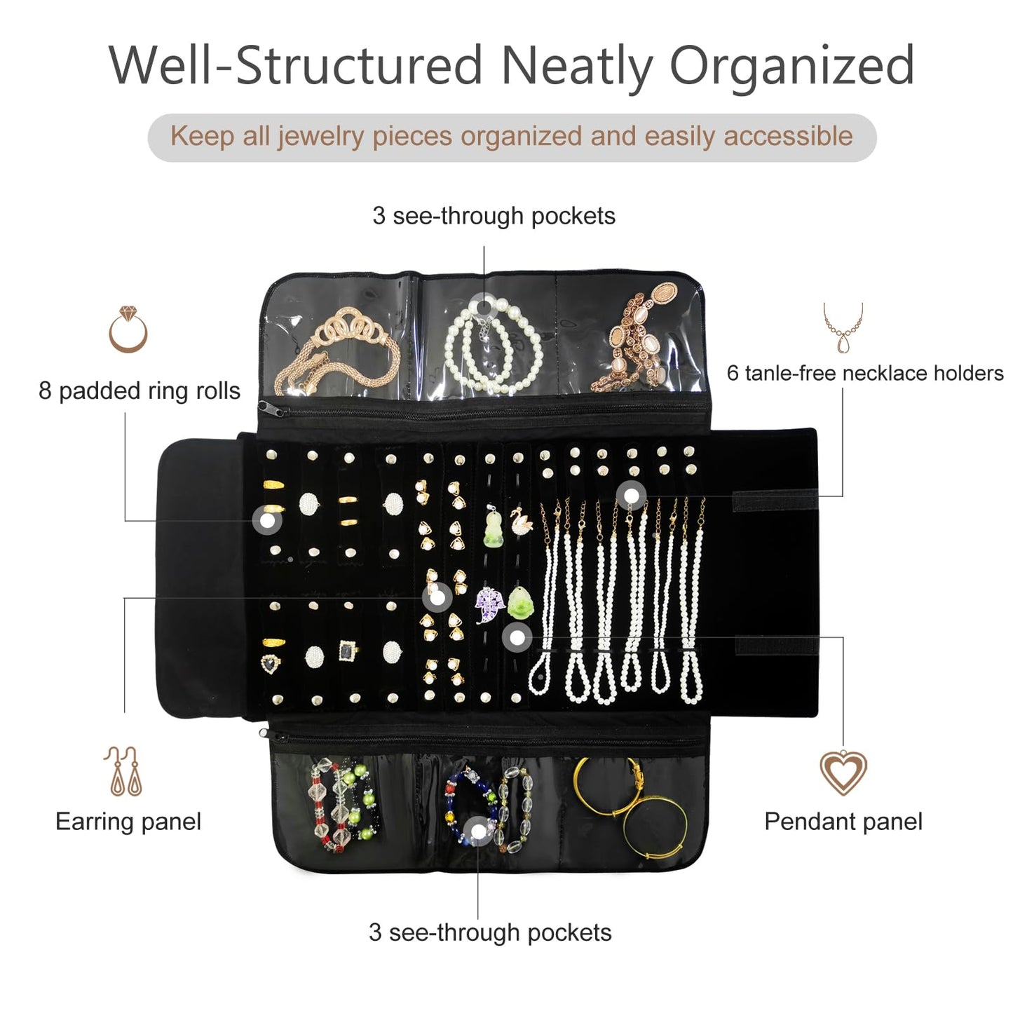SCIKHEFT Velvet Travel Jewelry Case Roll Bag Organizer for Necklace Bracelet Earrings Ring (Black)
