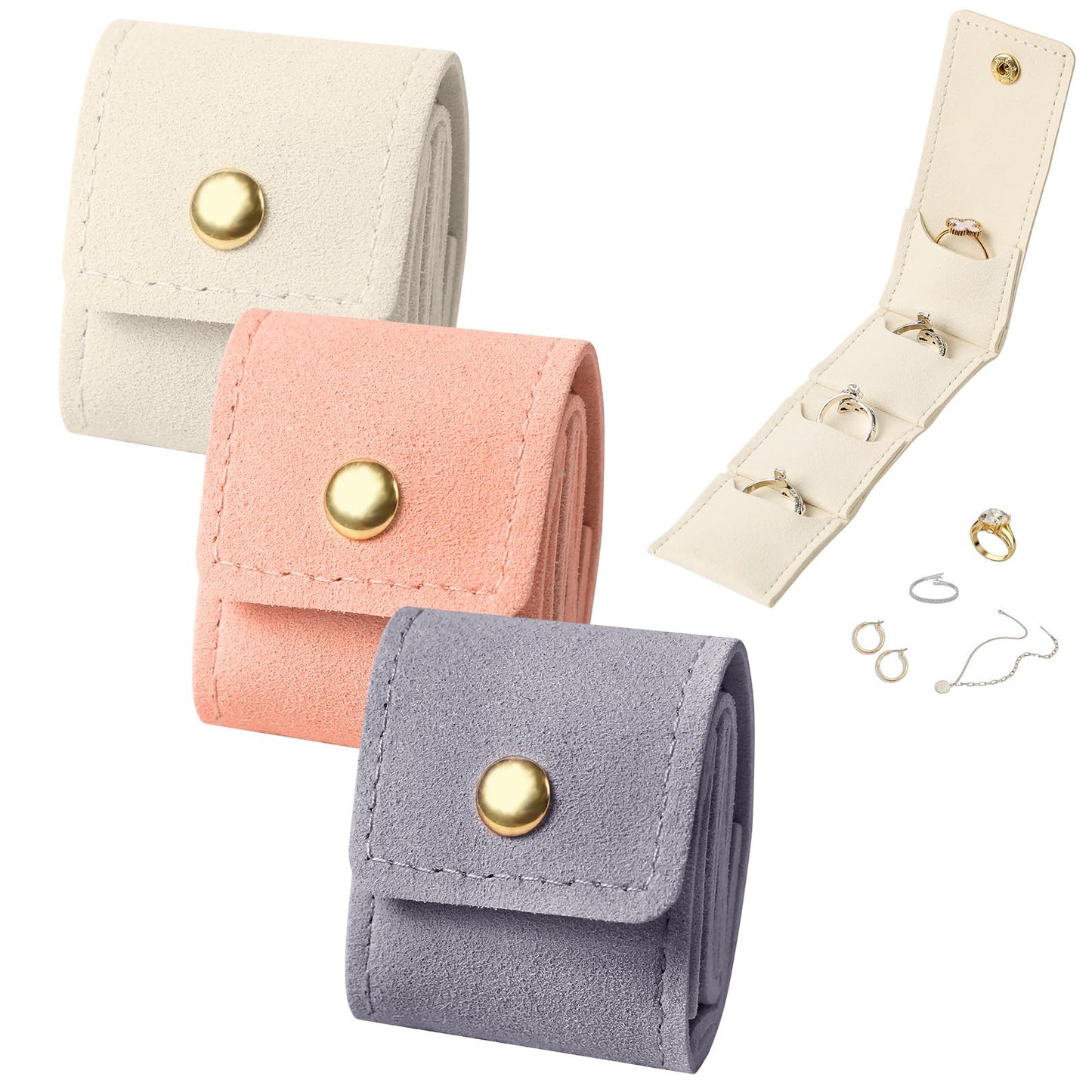 Xylora 3Pcs Mini Travel Jewelry Bag, Mini Travel Jewelry Roll Bag with Buckle, Portable Foldable Multifunctional Travel Jewelry Organizer Case, Small Jewelry Box for Earrings, Rings, Necklaces